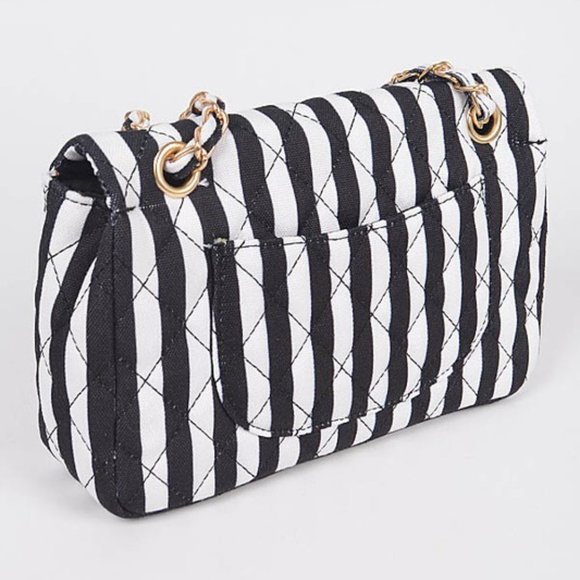 Beige and White Quilted Stripe Shoulder Bag Clutch - Picture 3 of 4